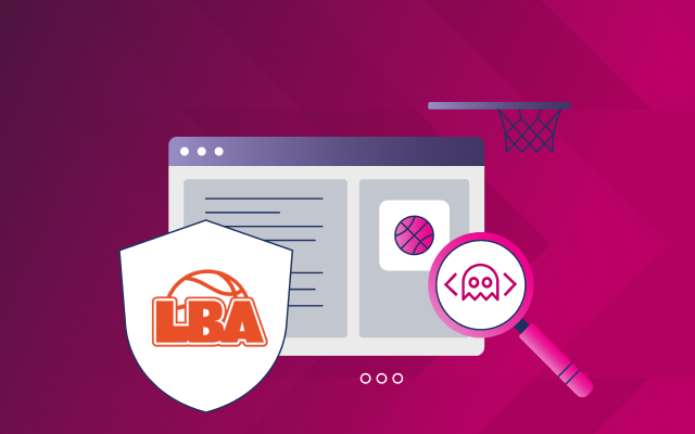 Illustration of a computer screen with a basketball icon, the London Basketball Association shield, a magnifying glass, and a basketball hoop on a pink geometric background.