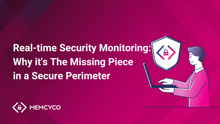 Illustration of a person using a laptop with a security shield icon, alongside the text "Real-time Security Monitoring: The Missing Piece in Building a Secure Perimeter.