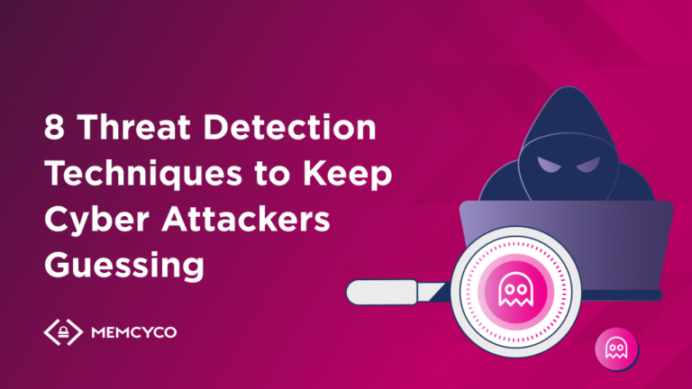 A graphic featuring the text "8 Threat Detection Techniques to Keep Cyber Attackers Guessing" beside an illustration of a hooded figure at a laptop, with a magnifying glass highlighting an icon, emphasizes essential Threat Detection Techniques.