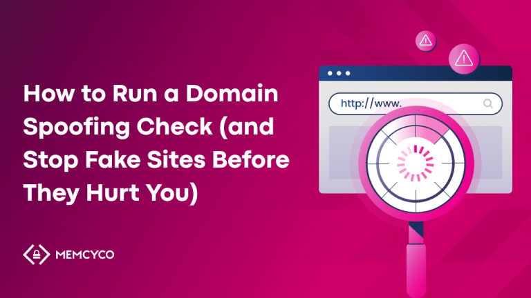 Illustration of a browser window with a magnifying glass and warning icons, alongside text about running a domain spoofing check to stop fake sites and prevent domain spoofing.