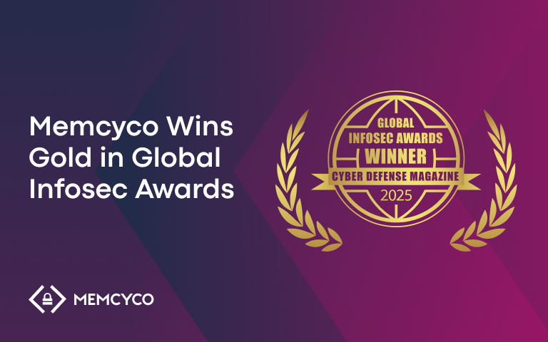 A graphic announcing Memcyco Awarded Gold by Globee® Cybersecurity Awards 2025, featuring a gold winner badge and the Memcyco logo on a purple gradient background.