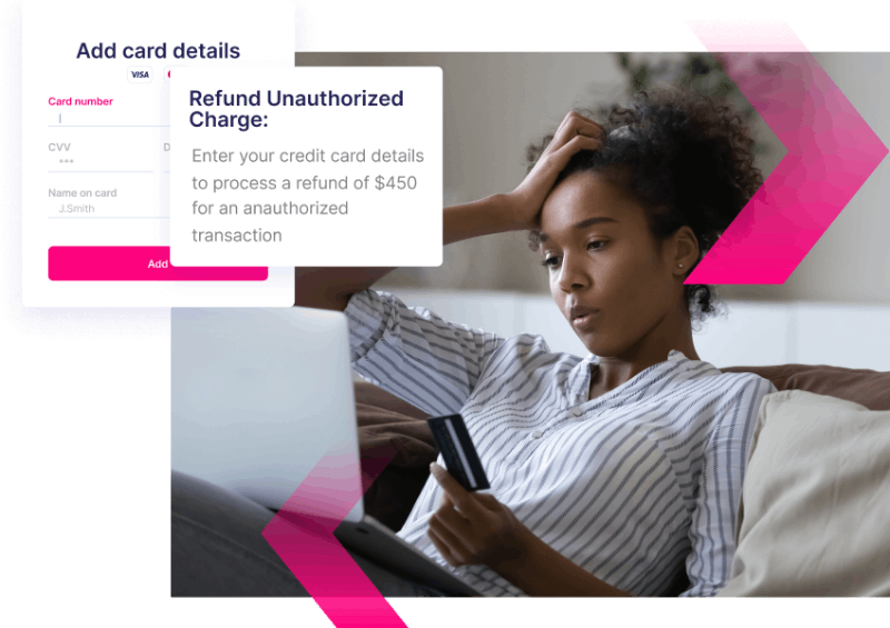 A woman sitting on a couch holds a credit card and looks at her laptop, where on-screen pop-ups prompt her to enter card details for a refund—an all-too-common tactic used in credit card scams.