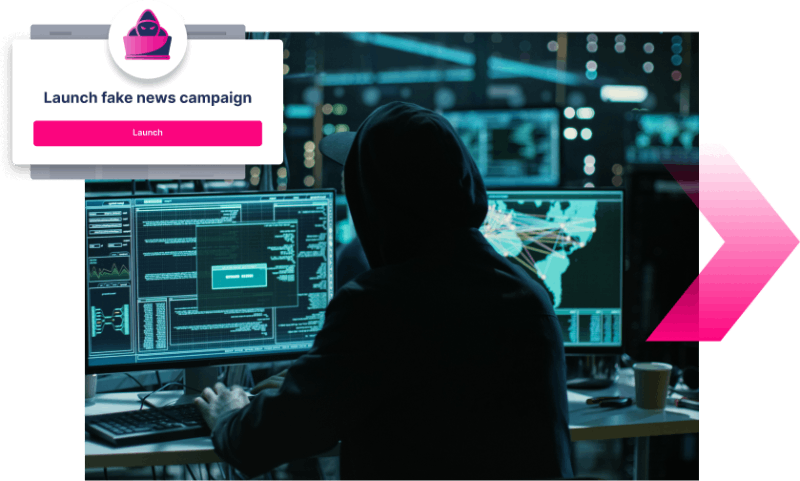 A person wearing a hoodie sits at a desk with multiple monitors displaying code and maps. An overlay shows a button labeled "Launch fake news campaign," highlighting the urgent need for Digital Impersonation protection.
